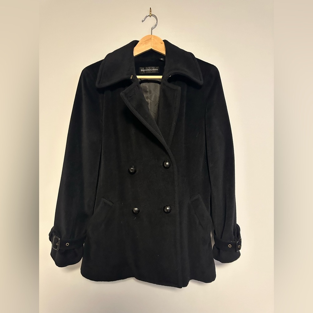🖤 Dana Buchman Womens Double Breasted Angora & Wool Black Pea Coat Size 10 (L)